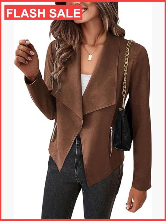Jackets & Blazers - Faux Suede Cropped Jacket Waterfall Collar Long Sleeve Open Front Casual Outwear